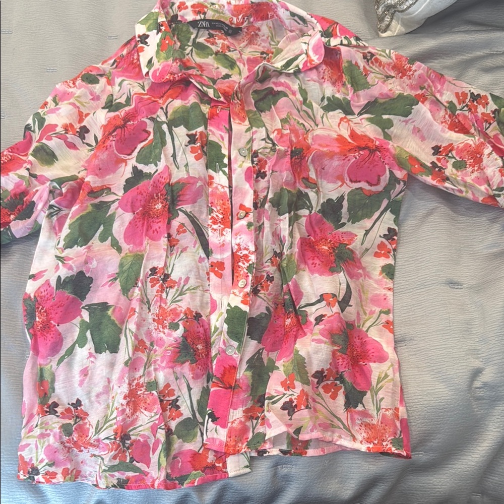 Zara Pink and Green Floral Shirt